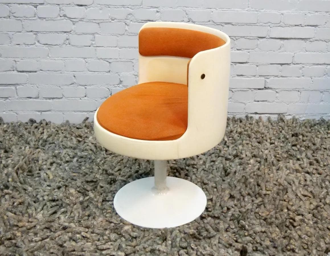 Fotel klubowy Space Age, velvet pomarańczowy, plastik biały, Polska, lata 60. - 19068