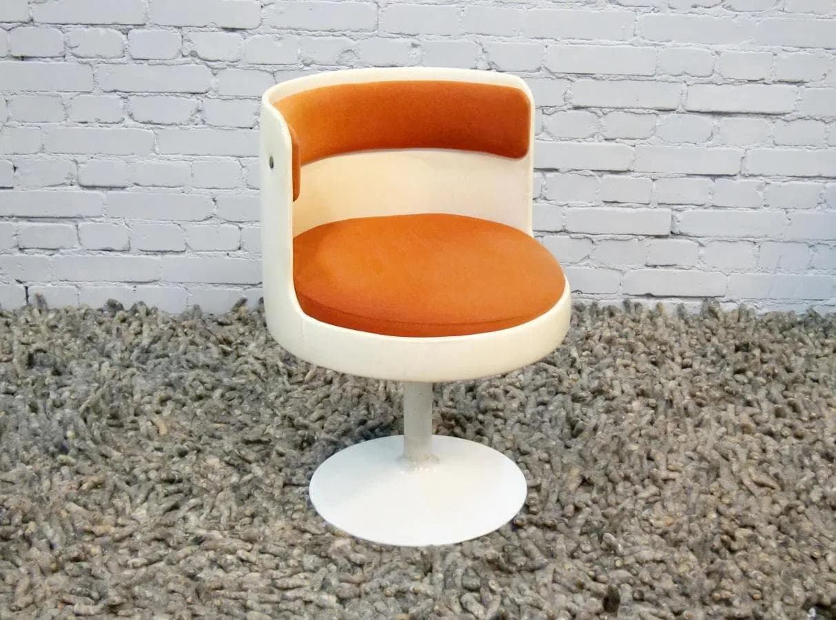 Fotel klubowy Space Age, velvet pomarańczowy, plastik biały, Polska, lata 60. - 19066
