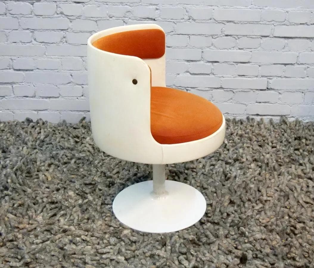 Fotel klubowy Space Age, velvet pomarańczowy, plastik biały, Polska, lata 60. - 19067