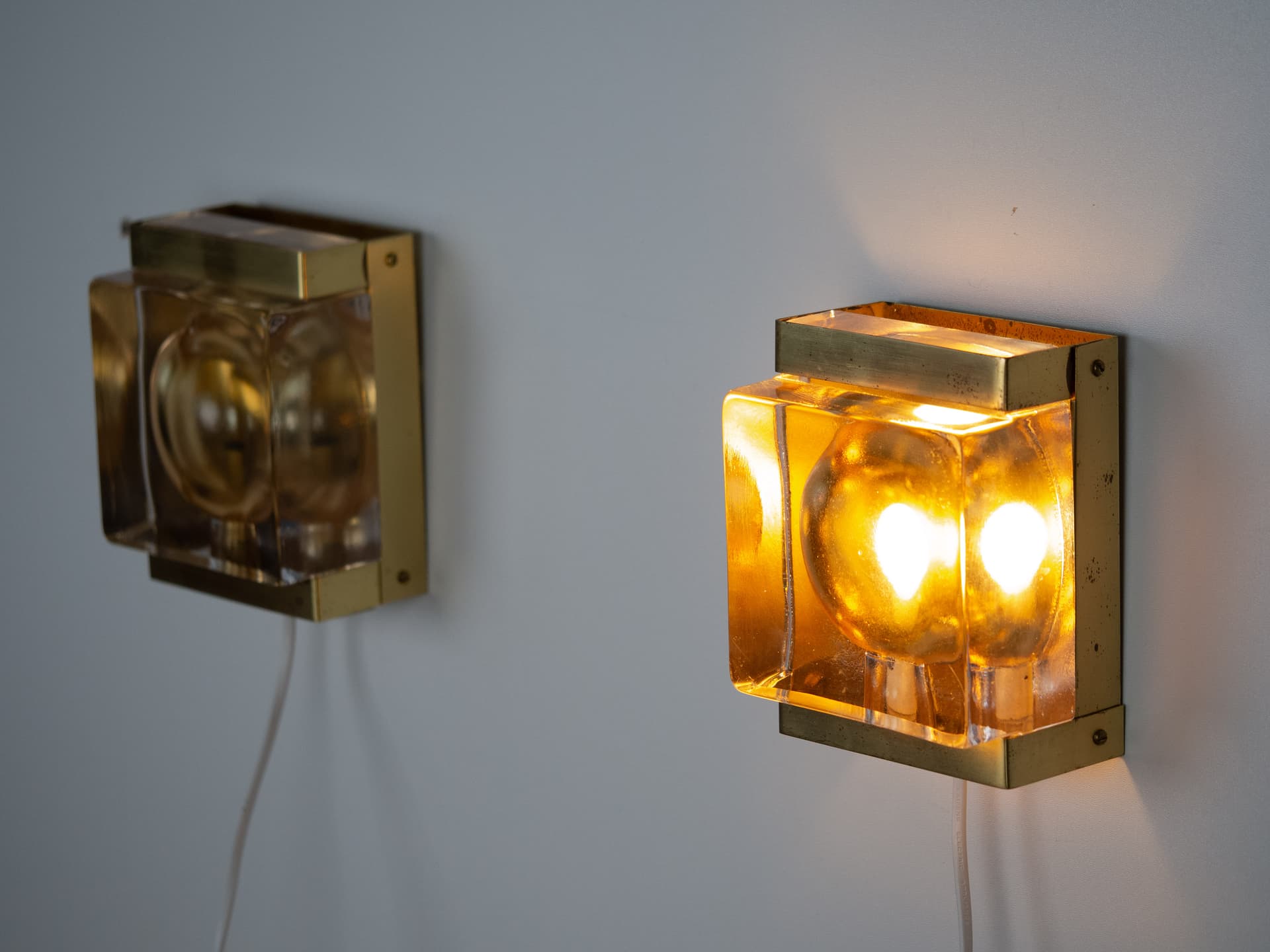 Pair of wall sconces Maritim, gold brass, clear glass, Vitrika, Denmark, 1960s - 260702