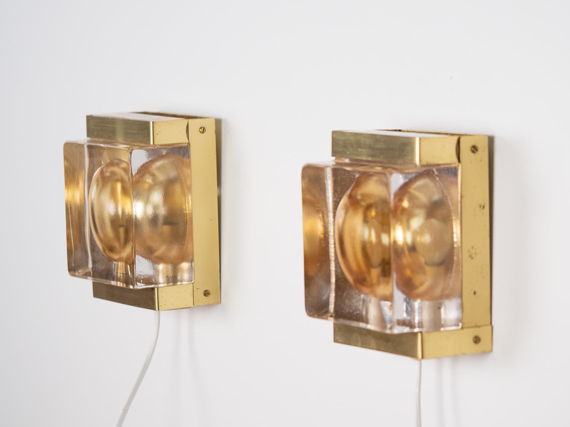 Pair of wall sconces Maritim, gold brass, clear glass, Vitrika, Denmark, 1960s - 260701