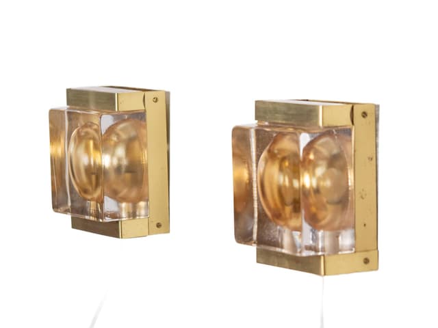 Pair of wall sconces Maritim, gold brass, clear glass, Vitrika, Denmark, 1960s - DIMENSION