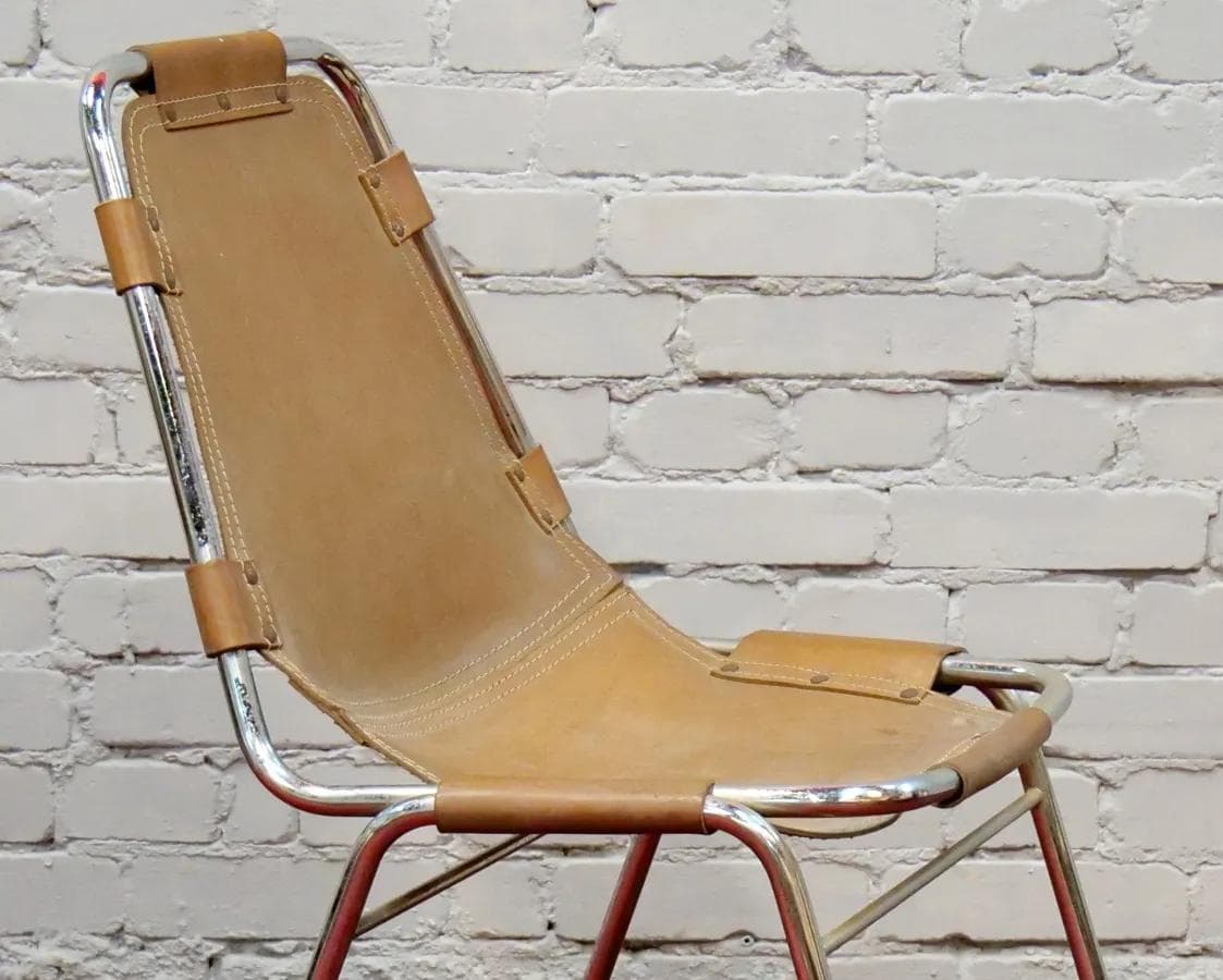 Krzesło Les Arcs, skóra jasnobrązowa, stal chromowana, proj. C. Perriand, Francja, lata 60. - 19002