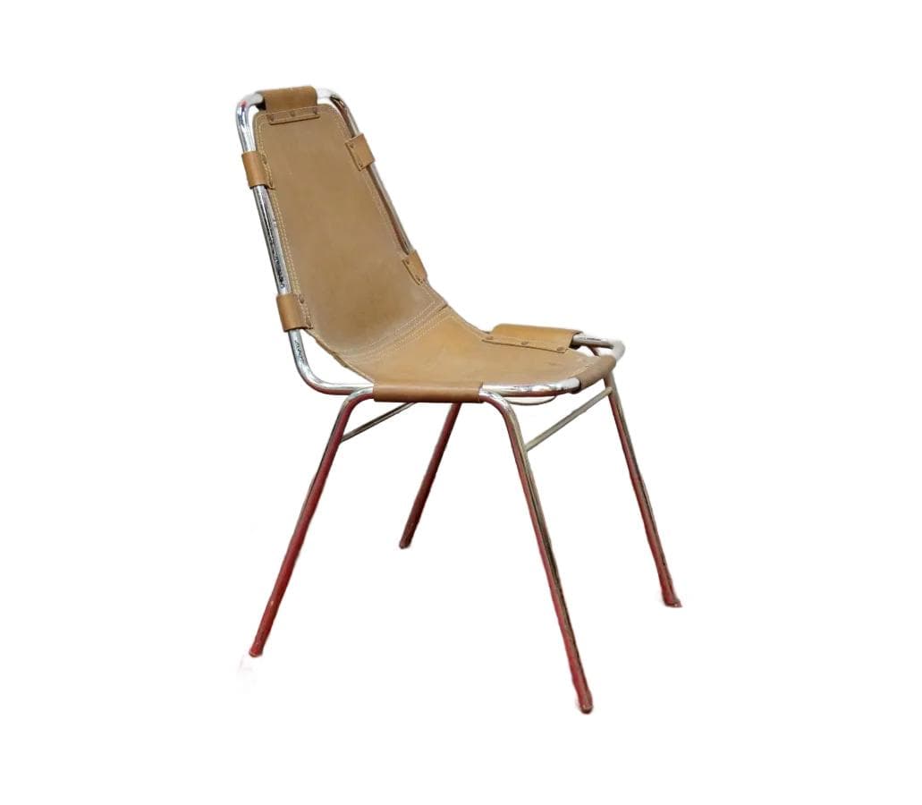 Krzesło Les Arcs, skóra jasnobrązowa, stal chromowana, proj. C. Perriand, Francja, lata 60.
