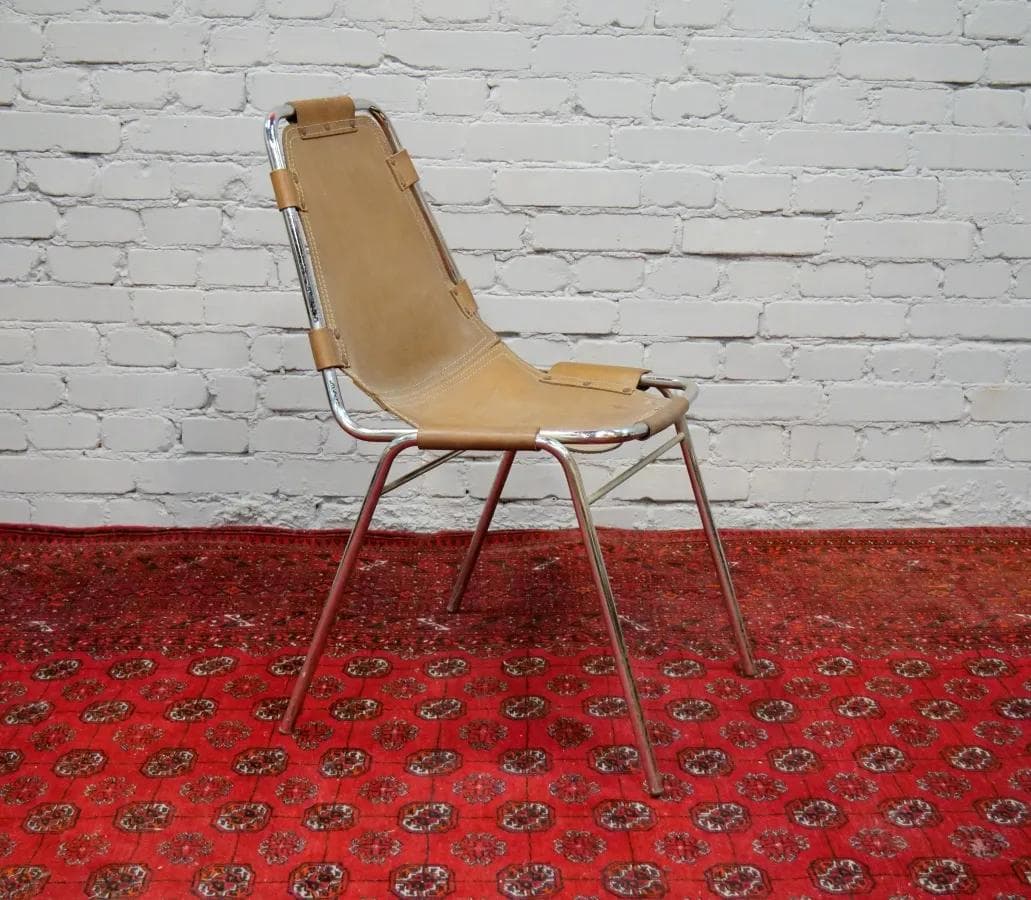 Krzesło Les Arcs, skóra jasnobrązowa, stal chromowana, proj. C. Perriand, Francja, lata 60. - 18994
