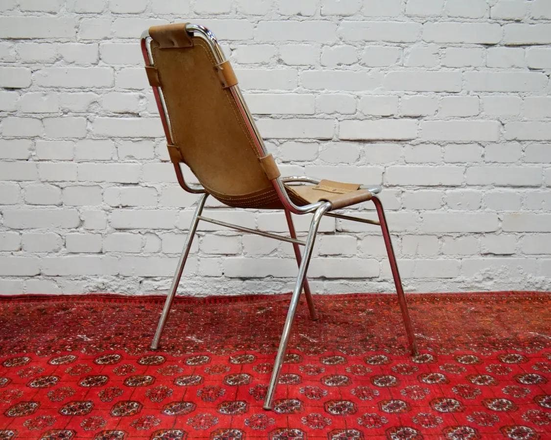 Krzesło Les Arcs, skóra jasnobrązowa, stal chromowana, proj. C. Perriand, Francja, lata 60. - 18996