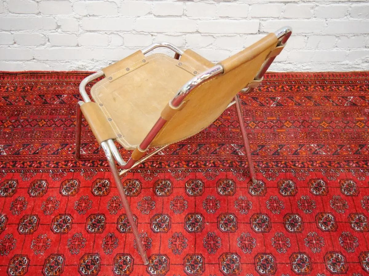 Krzesło Les Arcs, skóra jasnobrązowa, stal chromowana, proj. C. Perriand, Francja, lata 60. - 18997