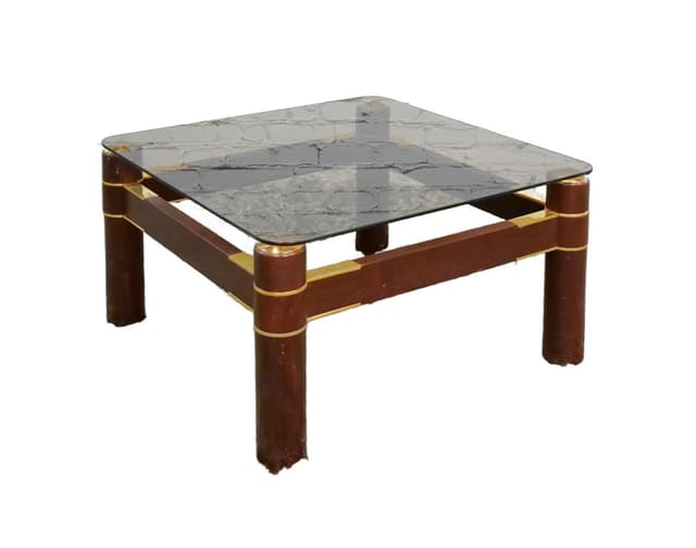 Coffee table, walnut brown, smoked glass, Italy, 1970s. - DIMENSION