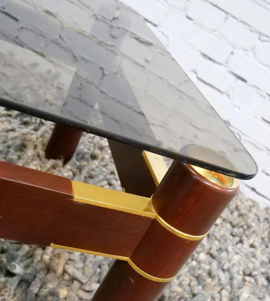 Coffee table, walnut brown, smoked glass, Italy, 1970s. - 18985