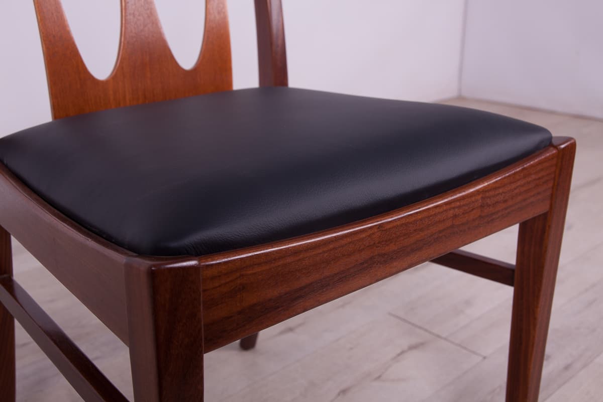 Set of four chairs Brasilia, brown teak, black leather, G-Plan, United Kingdom, 1950s. - 261523