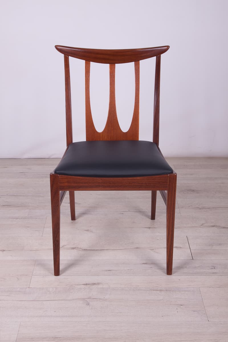 Set of four chairs Brasilia, brown teak, black leather, G-Plan, United Kingdom, 1950s. - 261515