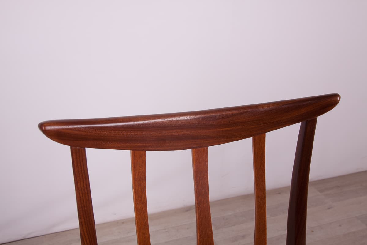 Set of four chairs Brasilia, brown teak, black leather, G-Plan, United Kingdom, 1950s. - 261521