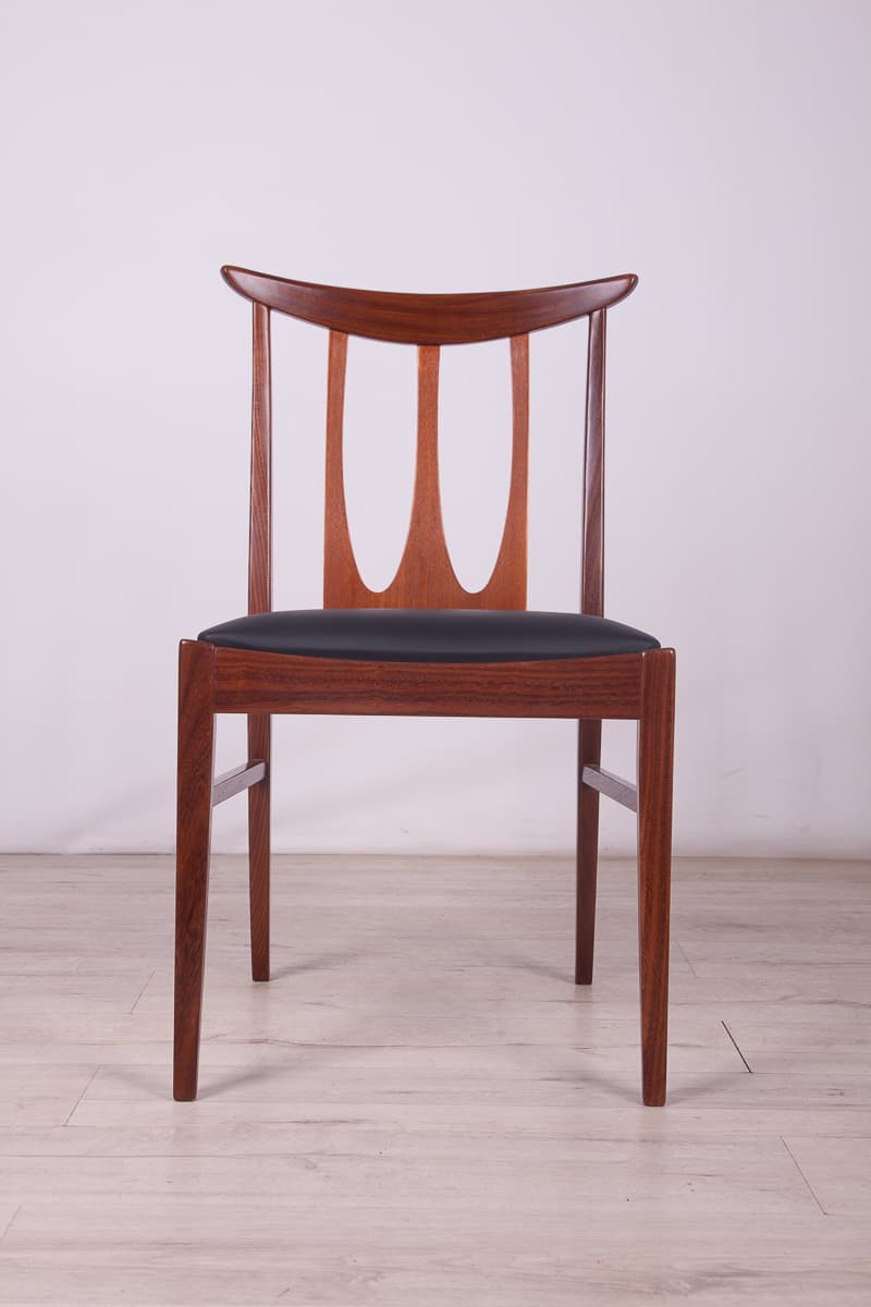 Set of four chairs Brasilia, brown teak, black leather, G-Plan, United Kingdom, 1950s. - 261514