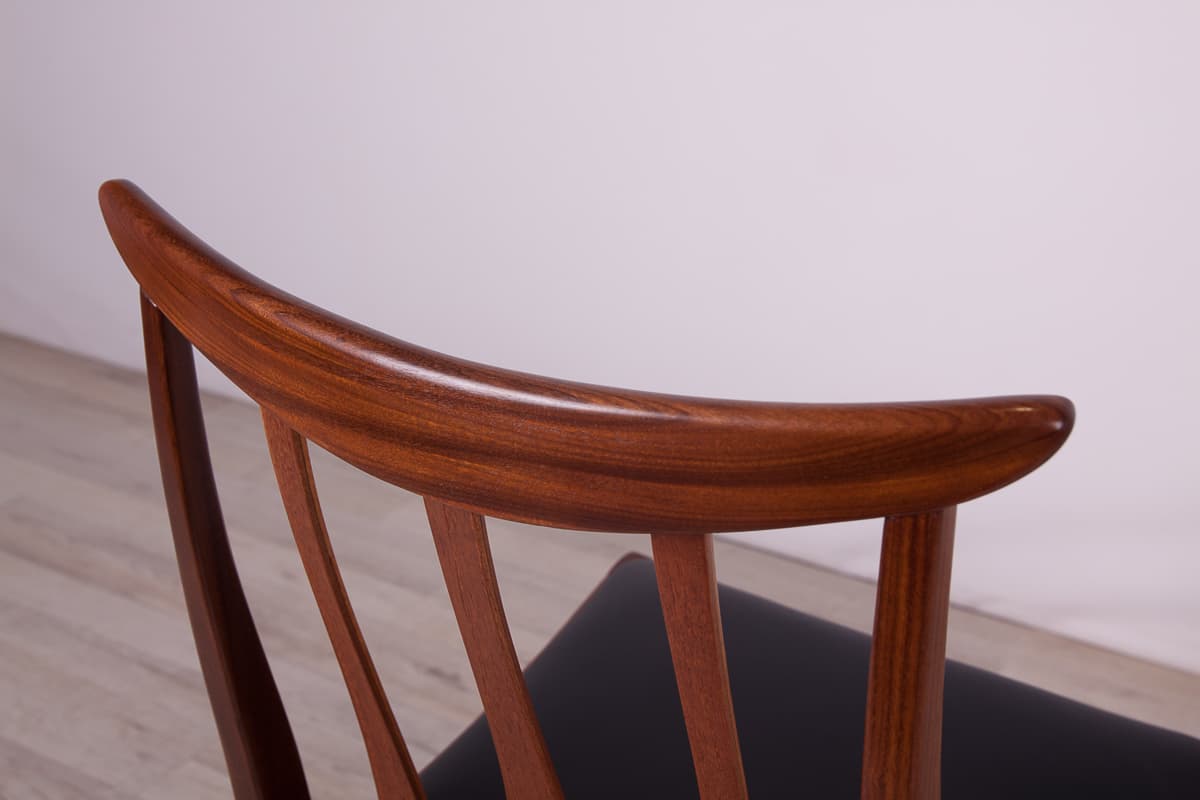 Set of four chairs Brasilia, brown teak, black leather, G-Plan, United Kingdom, 1950s. - 261522