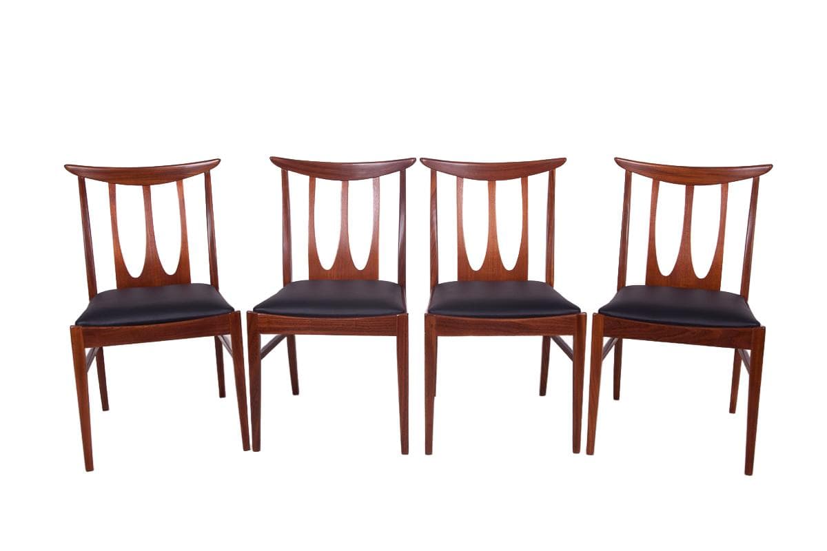 Set of four chairs Brasilia, brown teak, black leather, G-Plan, United Kingdom, 1950s.