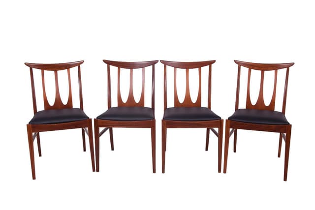 Set of four chairs Brasilia, brown teak, black leather, G-Plan, United Kingdom, 1950s. - DIMENSION