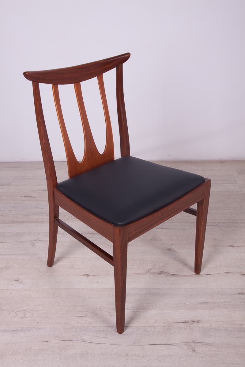 Set of four chairs Brasilia, brown teak, black leather, G-Plan, United Kingdom, 1950s. - 261520