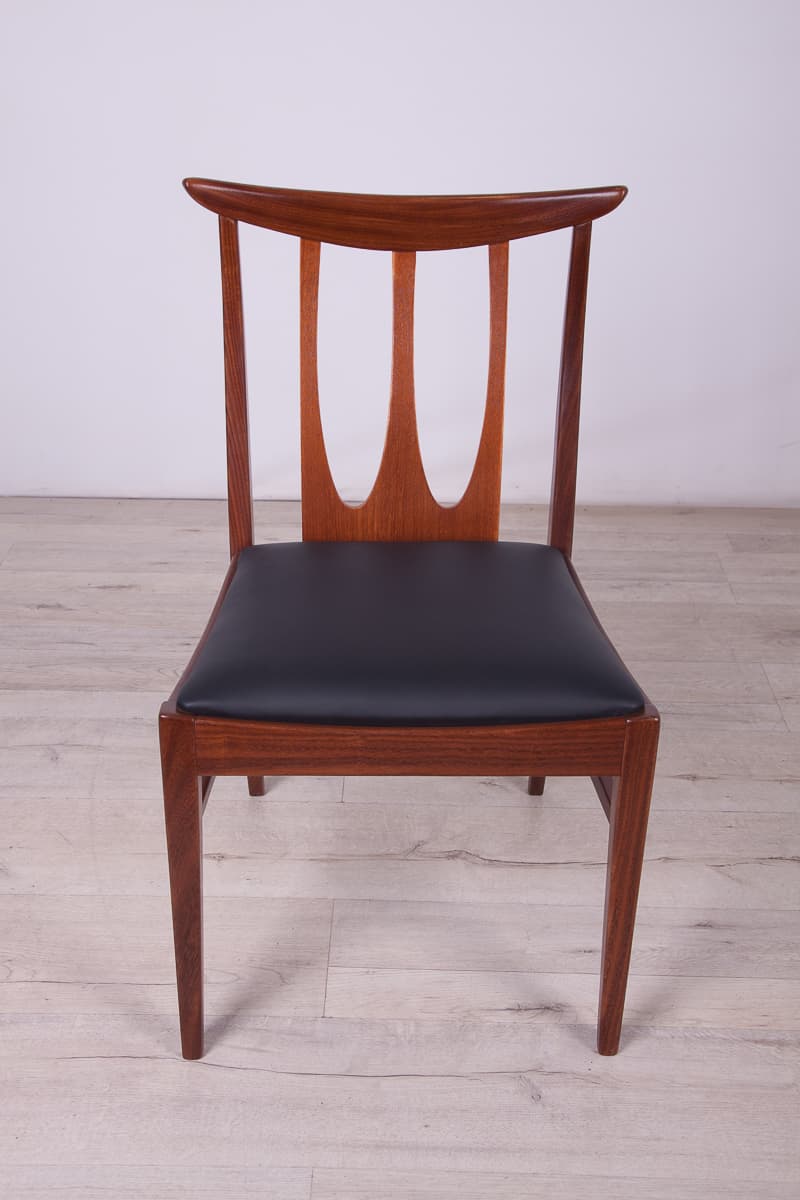 Set of four chairs Brasilia, brown teak, black leather, G-Plan, United Kingdom, 1950s. - 261517