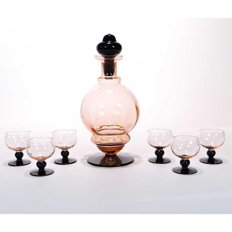 Serwis likierowy Art Deco, szkło różowe, Huta Szkła Inwald, Polska, lata 30.