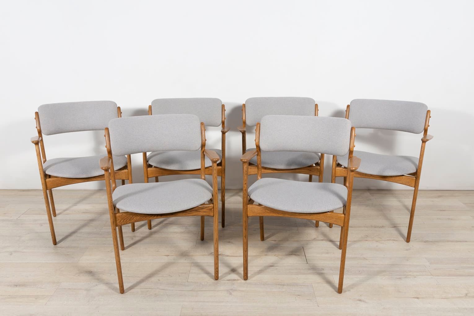 Set of six armchairs, light oak, grey fabric, by E. Buch, Denmark, 1960s. - 261554