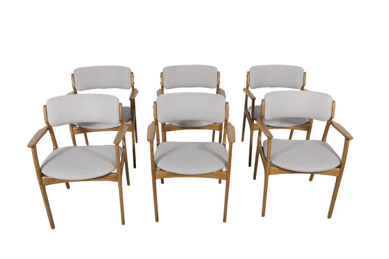 Set of six armchairs, light oak, grey fabric, by E. Buch, Denmark, 1960s.