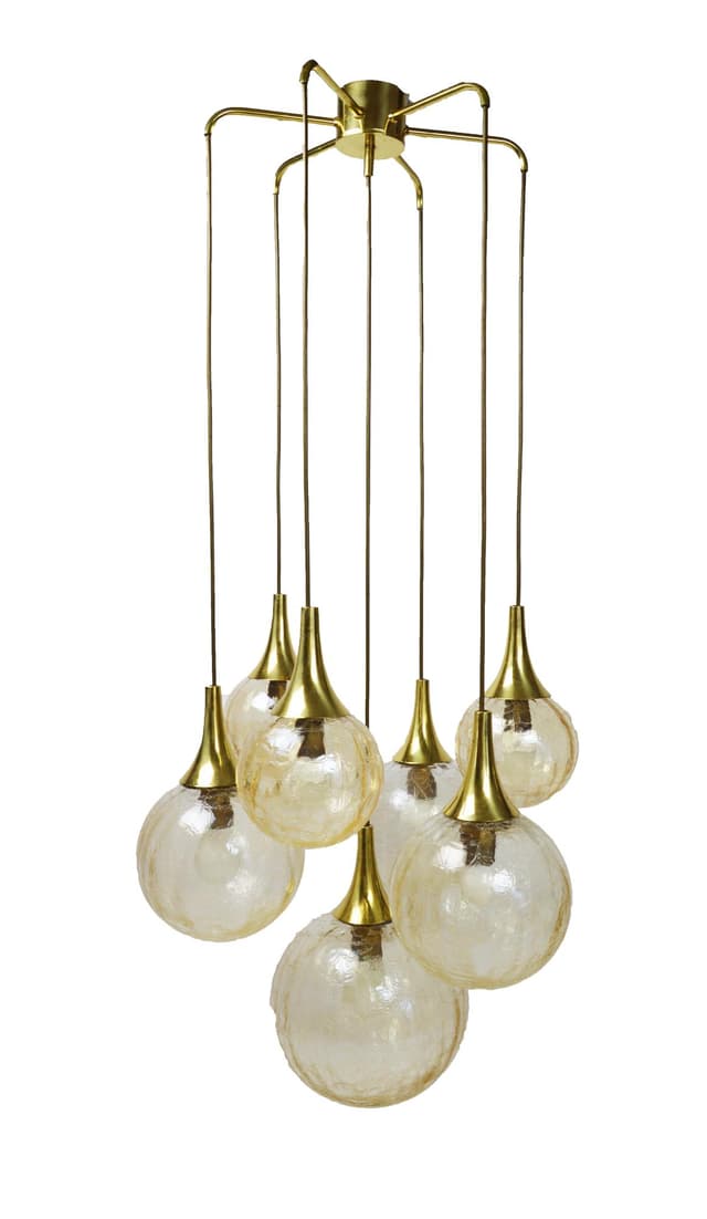 Cascading chandelier, orange glass, brass, 1970s. - DIMENSION