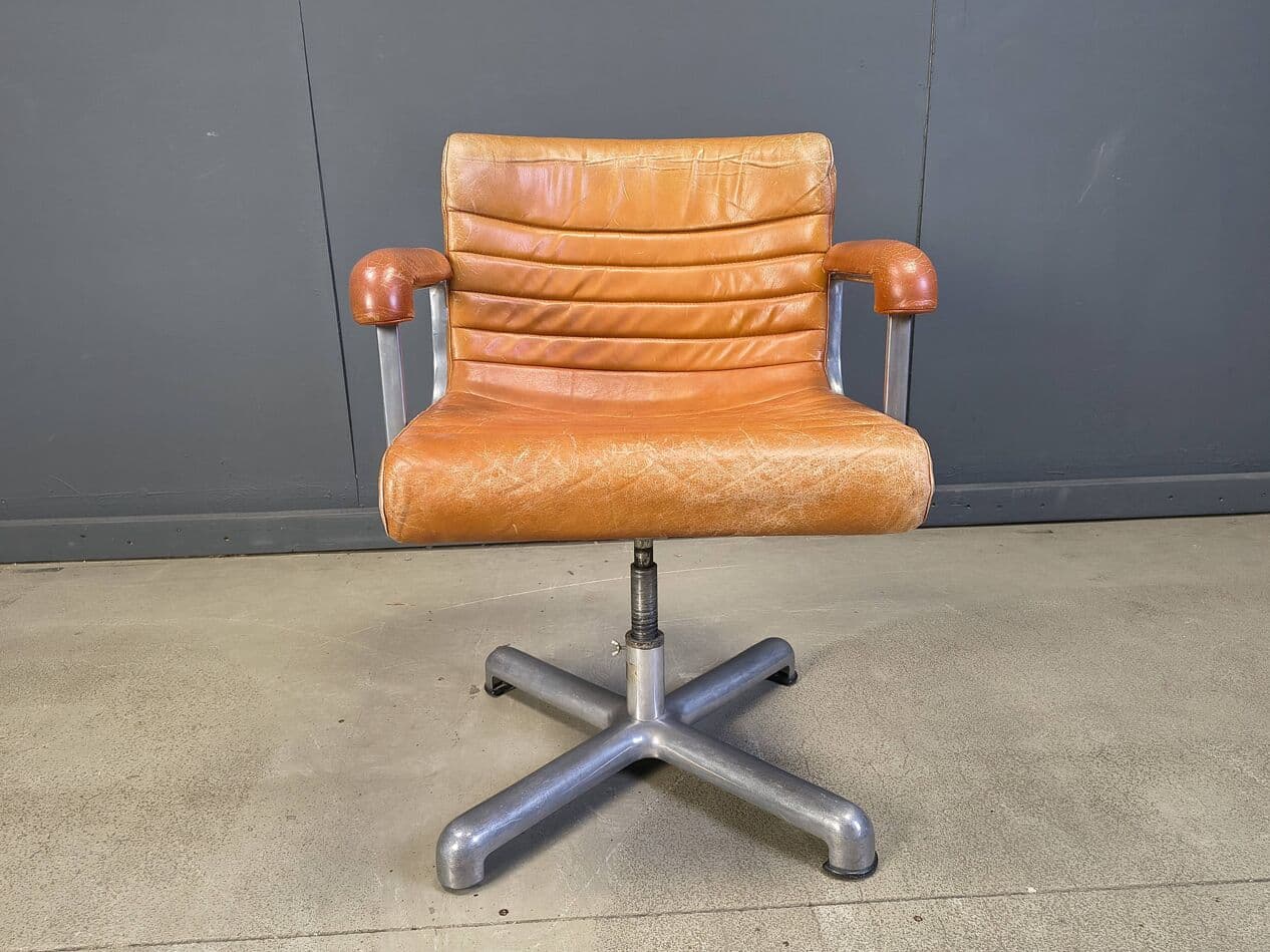 Office chair K Series, brown leather, aluminium, by E. Sottsass, Poltronova, Italy, 1970s. - 275725