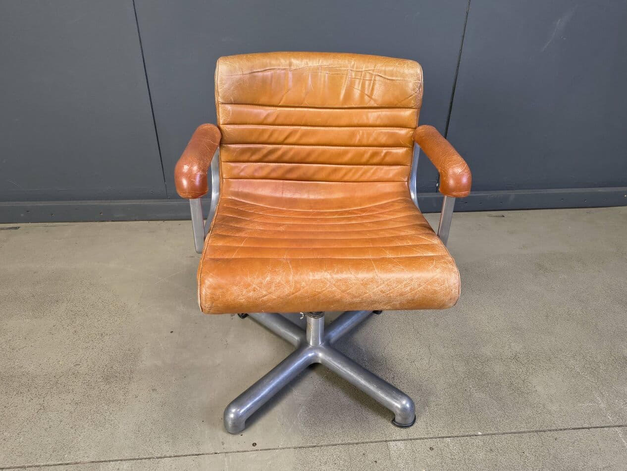 Office chair K Series, brown leather, aluminium, by E. Sottsass, Poltronova, Italy, 1970s. - 275715