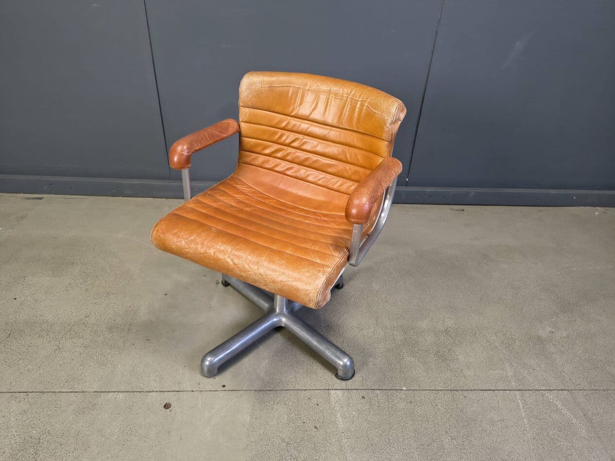 Office chair K Series, brown leather, aluminium, by E. Sottsass, Poltronova, Italy, 1970s. - 275723