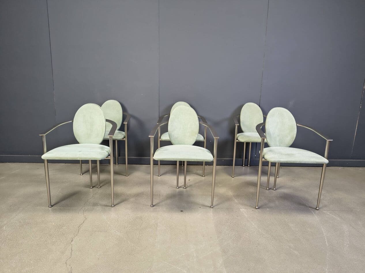 zestaw sześciu krzeseł jadalnianych, alcantara miętowa, stal szczotkowana, Belgia, lata 80. - 275693