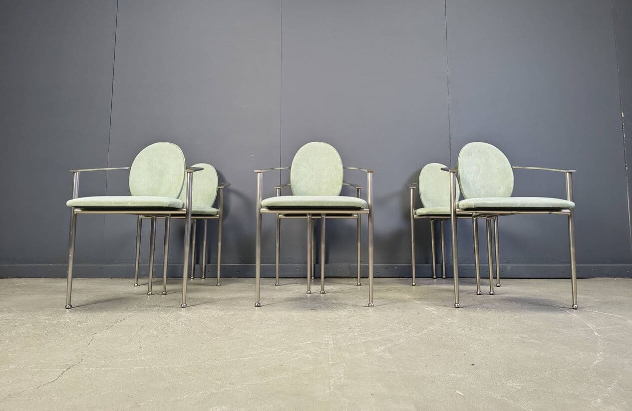 zestaw sześciu krzeseł jadalnianych, alcantara miętowa, stal szczotkowana, Belgia, lata 80. - 275691