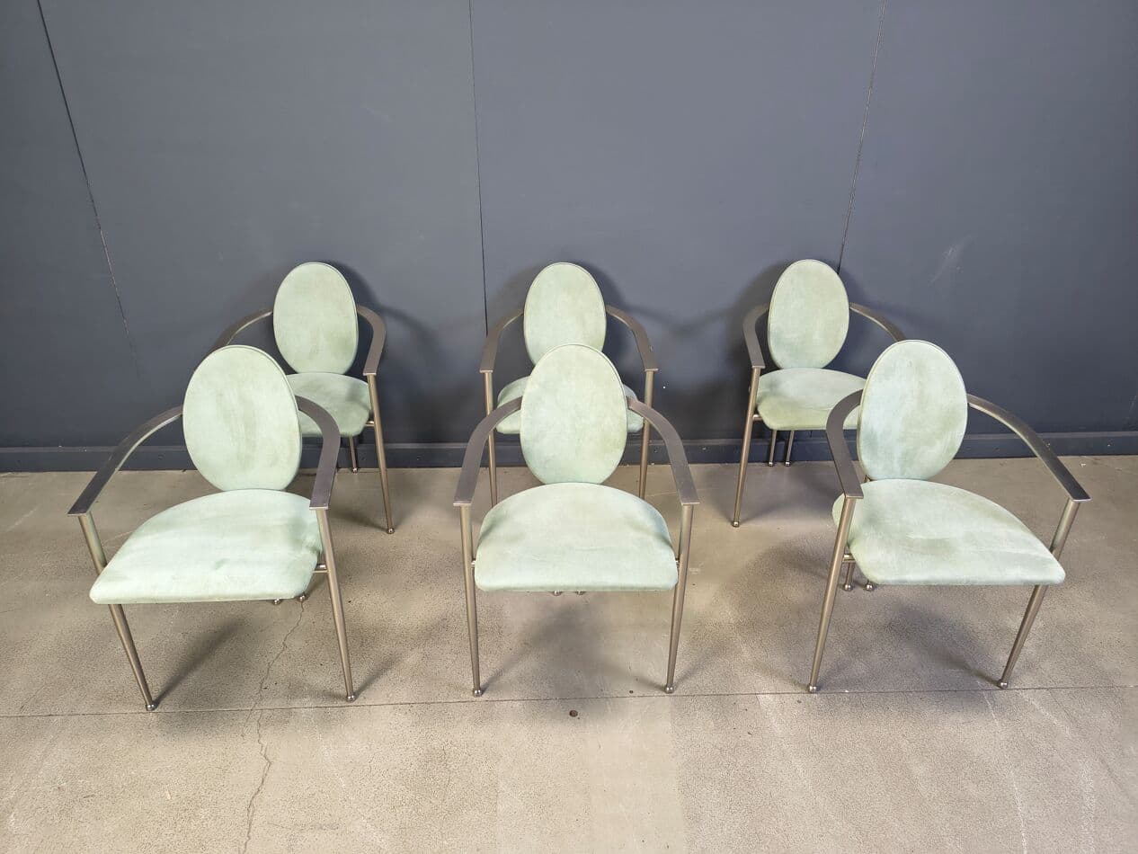 zestaw sześciu krzeseł jadalnianych, alcantara miętowa, stal szczotkowana, Belgia, lata 80. - 275686