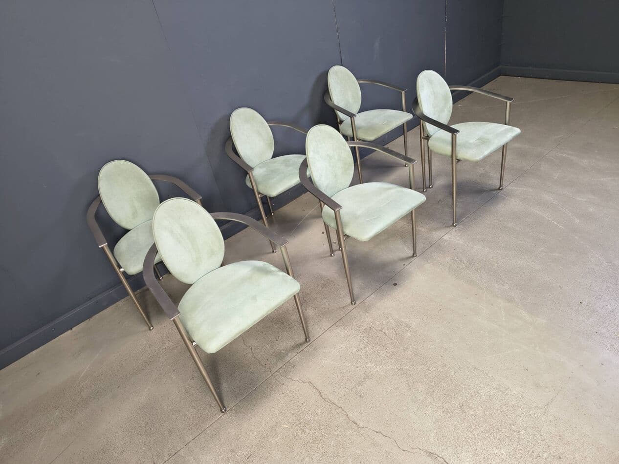 zestaw sześciu krzeseł jadalnianych, alcantara miętowa, stal szczotkowana, Belgia, lata 80. - 275690
