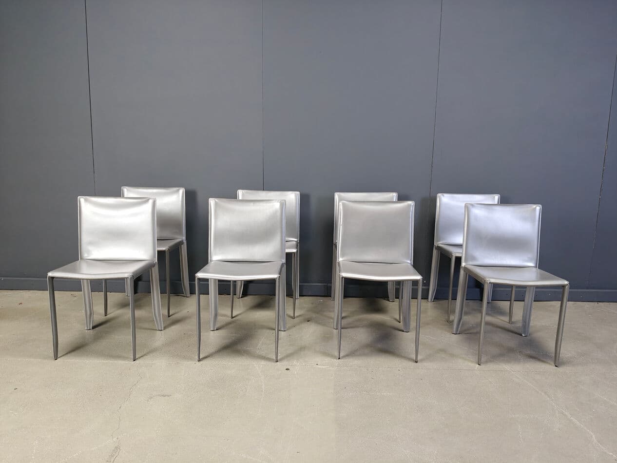 Set of 8 dining chairs, grey leather, Italy, 1980s - 275493