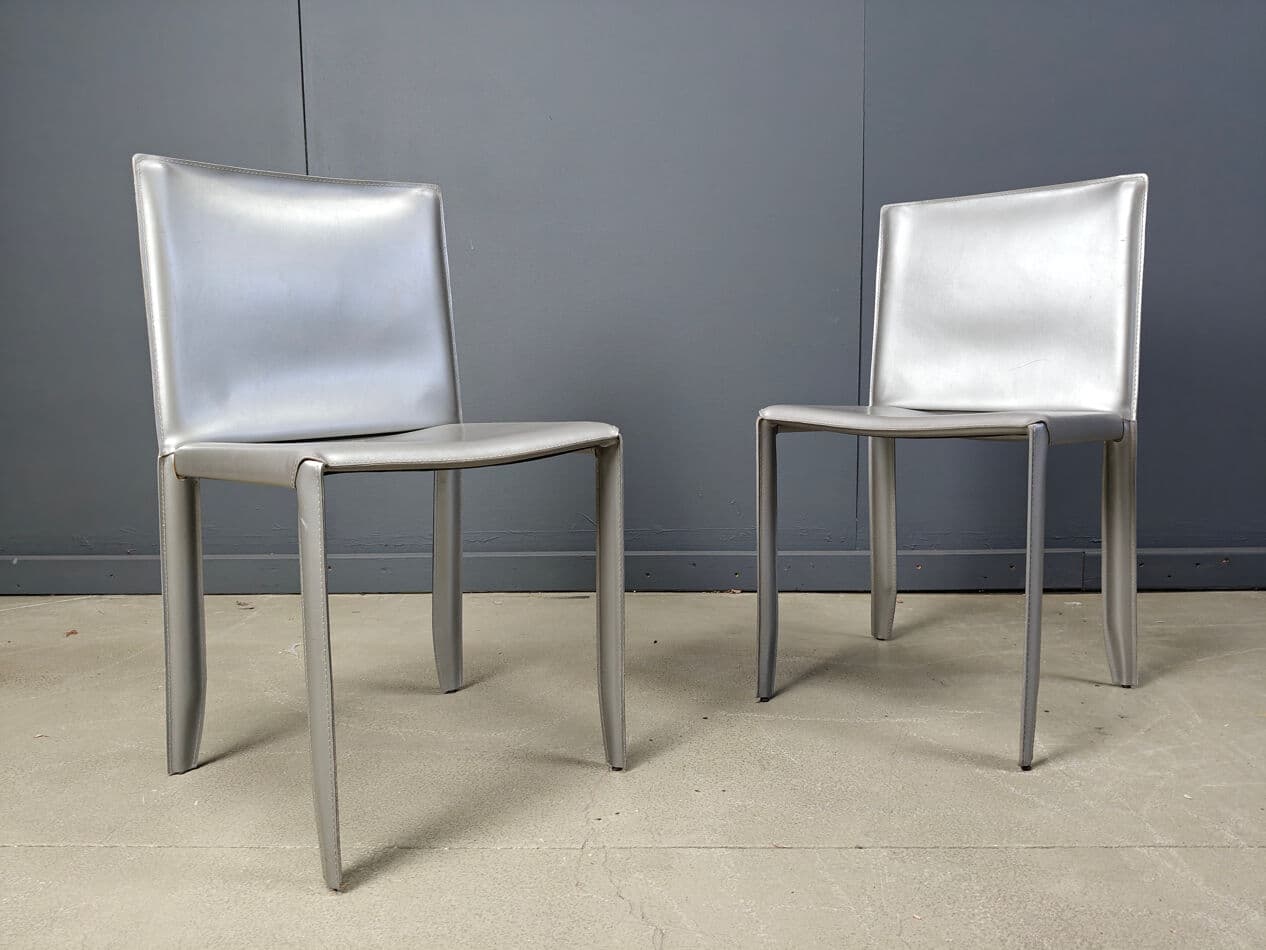 Set of 8 dining chairs, grey leather, Italy, 1980s - 275503