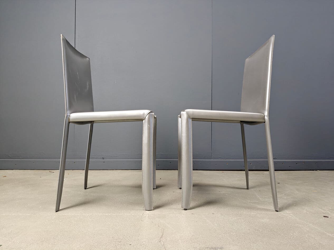 Set of 8 dining chairs, grey leather, Italy, 1980s - 275505