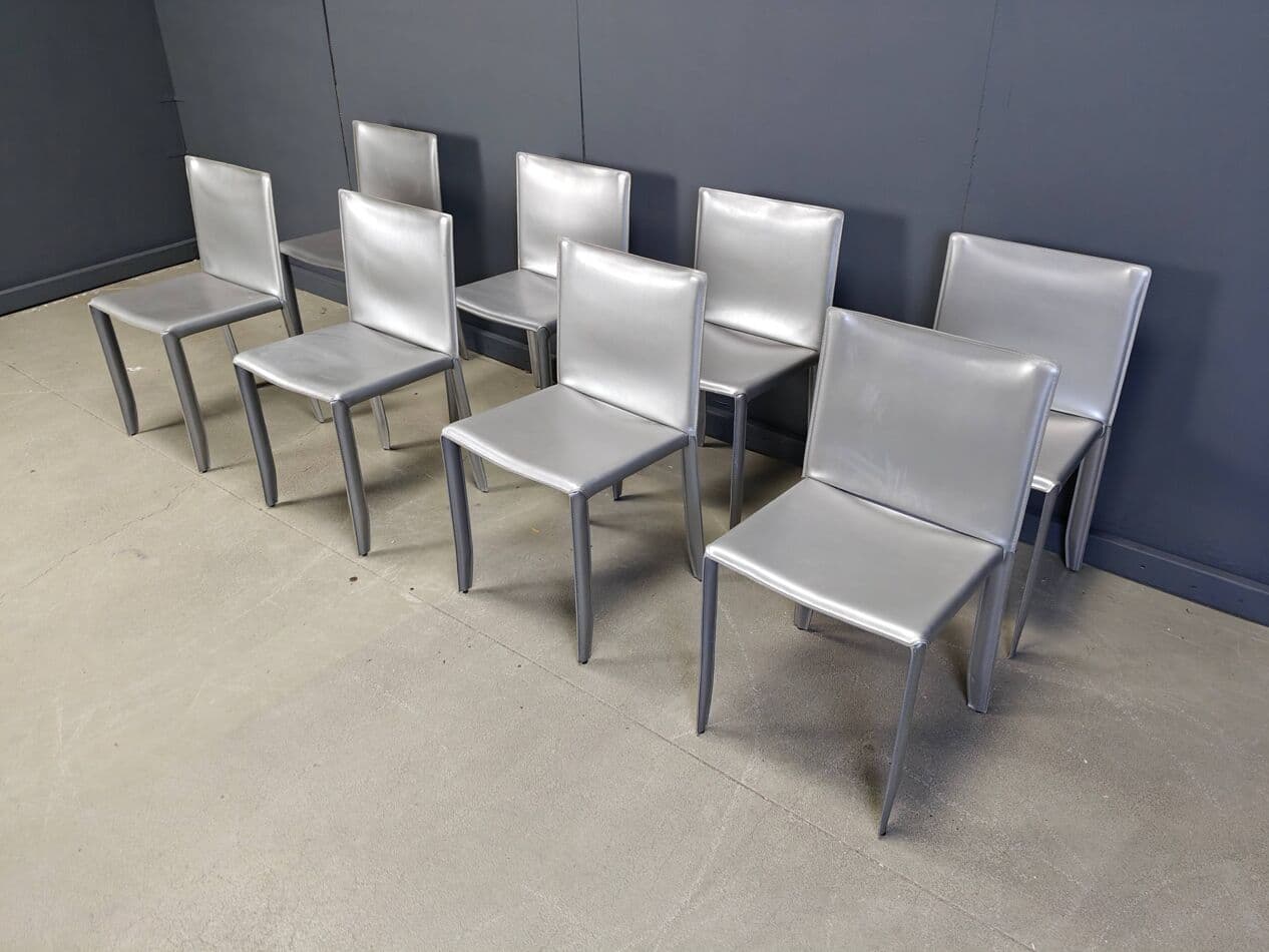 Set of 8 dining chairs, grey leather, Italy, 1980s - 275501