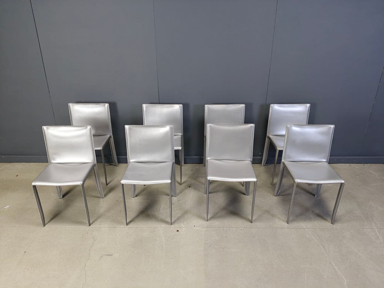 Set of 8 dining chairs, grey leather, Italy, 1980s - 275495