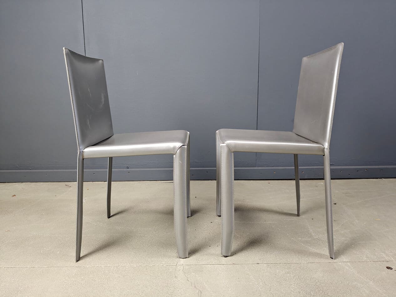 Set of 8 dining chairs, grey leather, Italy, 1980s - 275504