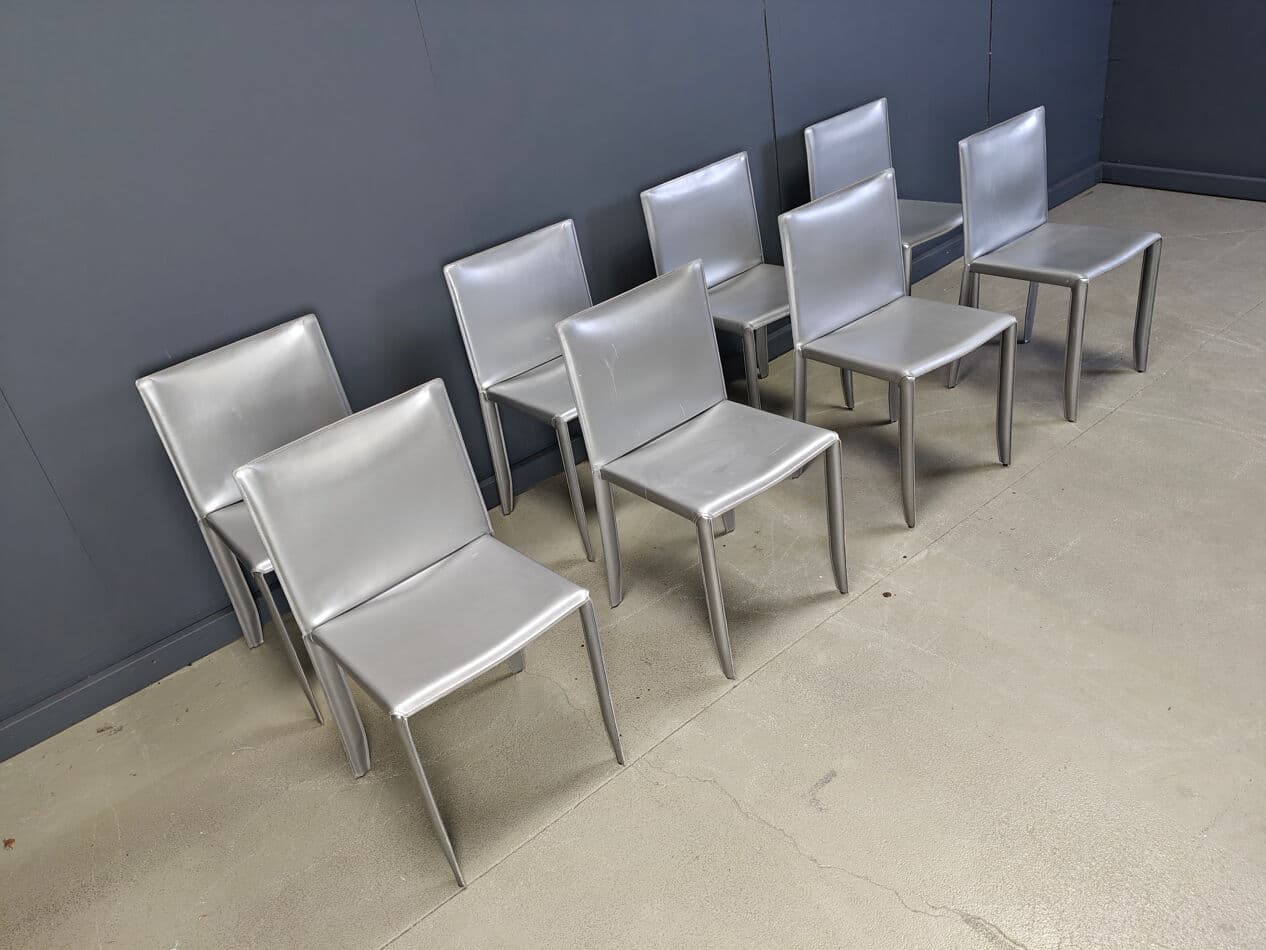 Set of 8 dining chairs, grey leather, Italy, 1980s - 275499