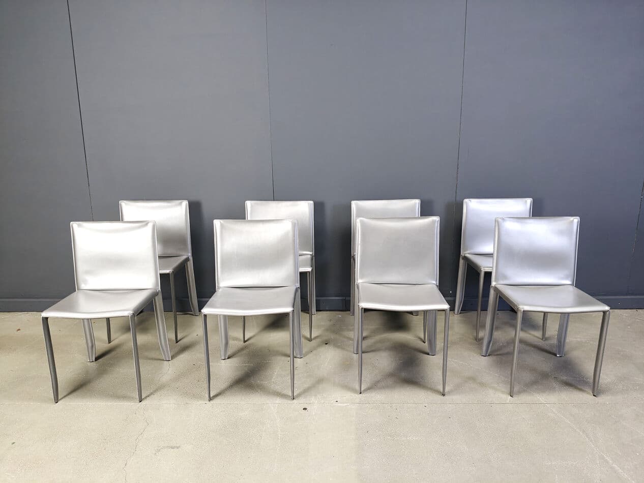 Set of 8 dining chairs, grey leather, Italy, 1980s - 275497