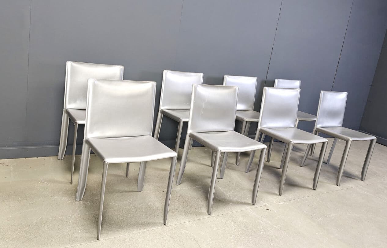 Set of 8 dining chairs, grey leather, Italy, 1980s - 275500