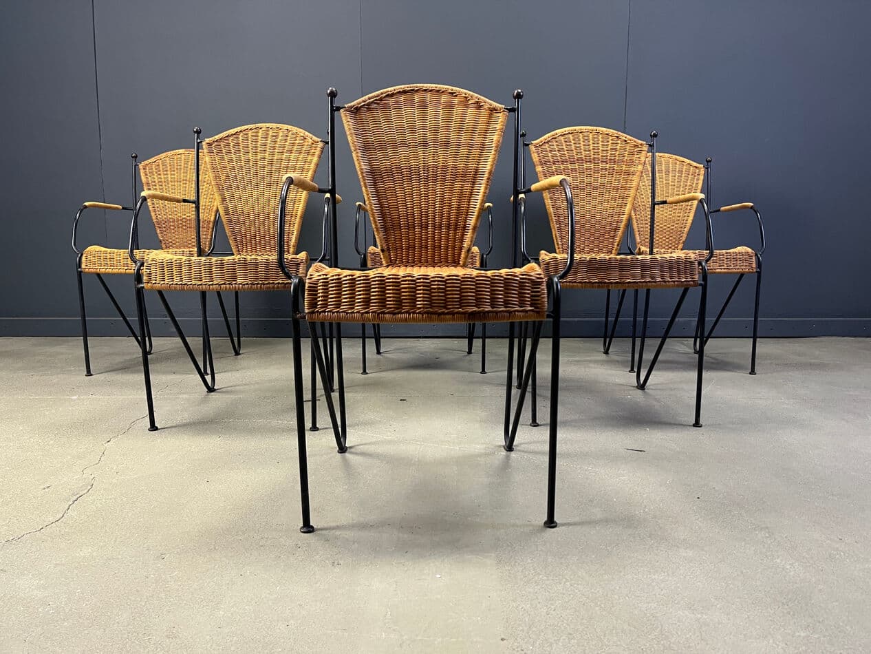 set of six chairs, natural wicker, black iron, by F. Weinberg, France, 1960s - 275355