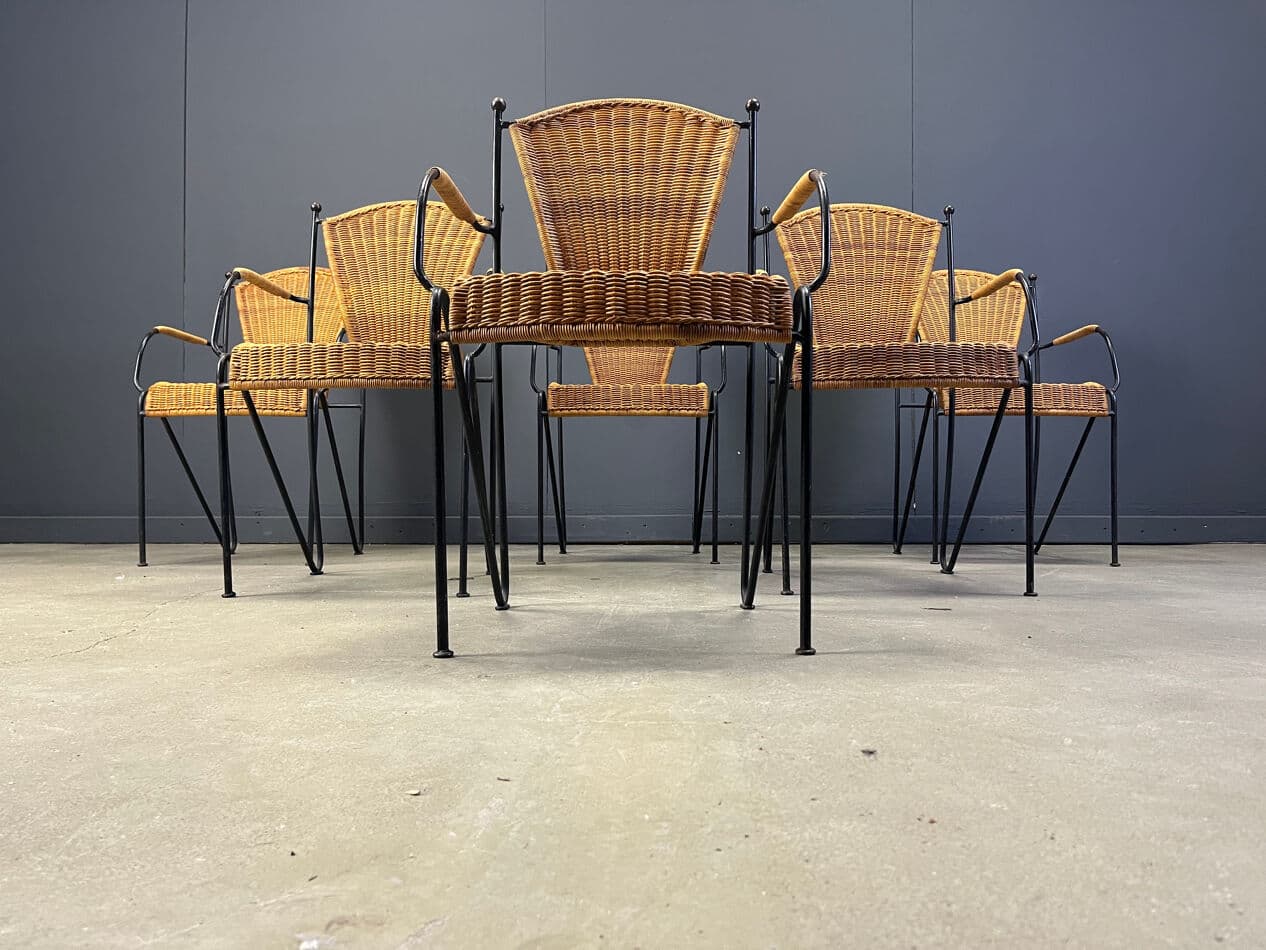 set of six chairs, natural wicker, black iron, by F. Weinberg, France, 1960s - 275358