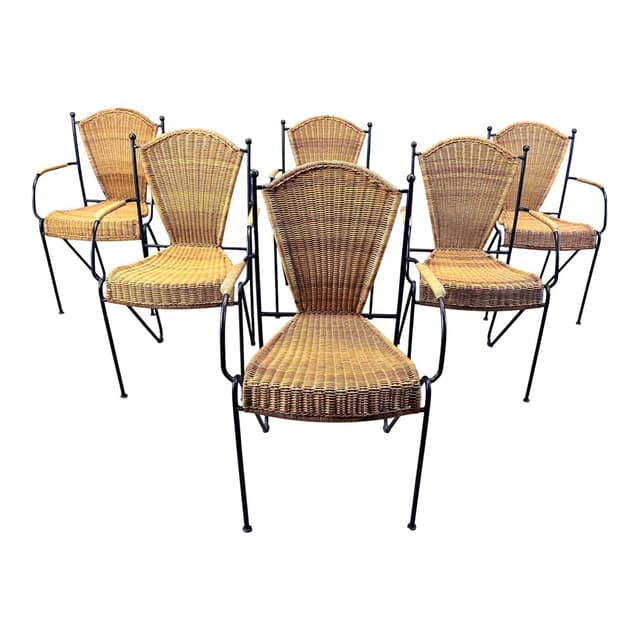 set of six chairs, natural wicker, black iron, by F. Weinberg, France, 1960s - DIMENSION