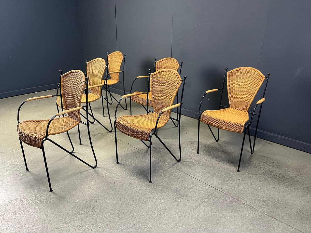 set of six chairs, natural wicker, black iron, by F. Weinberg, France, 1960s - 275359
