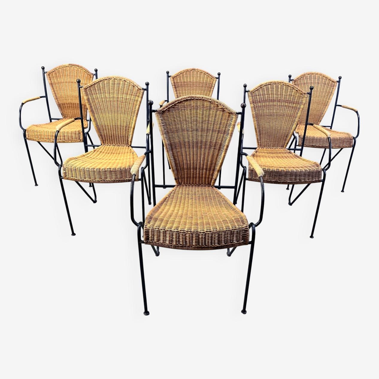 set of six chairs, natural wicker, black iron, by F. Weinberg, France, 1960s - 275356