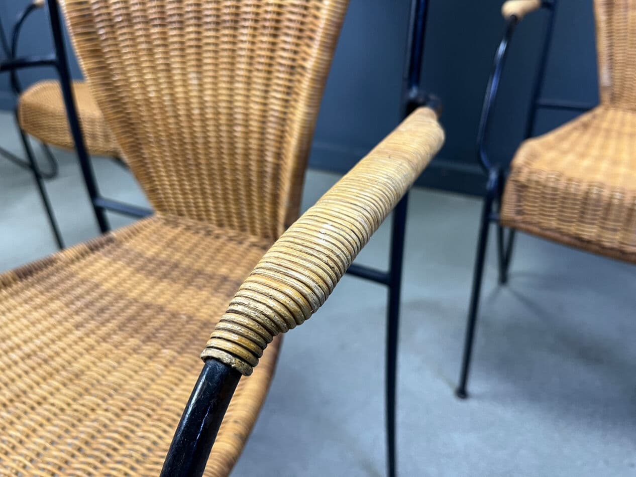 set of six chairs, natural wicker, black iron, by F. Weinberg, France, 1960s - 275362