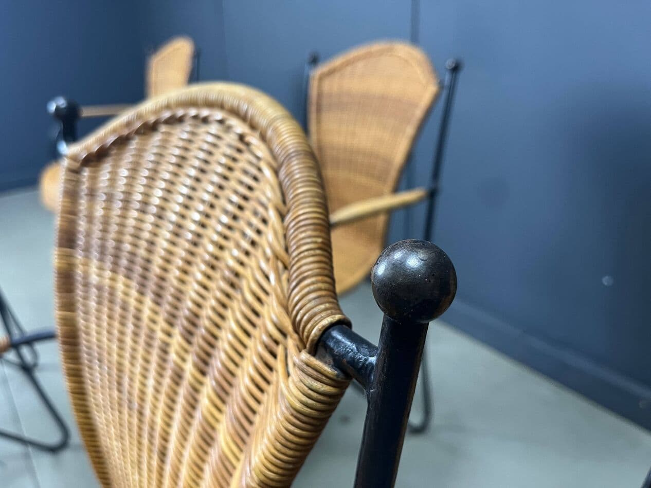 set of six chairs, natural wicker, black iron, by F. Weinberg, France, 1960s - 275360