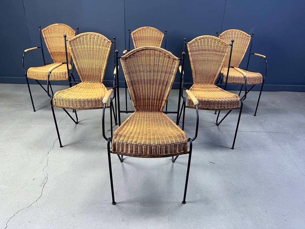 set of six chairs, natural wicker, black iron, by F. Weinberg, France, 1960s - 275364